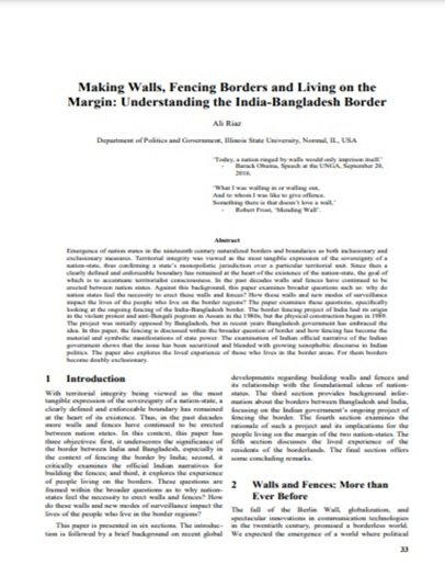 Making Walls, Fencing Borders and Living on the Margin: Understanding the India-Bangladesh Border