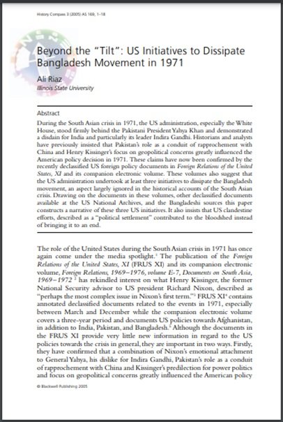 Beyond the “Tilt”: US Initiatives to Dissipate Bangladesh Movement in 1971
